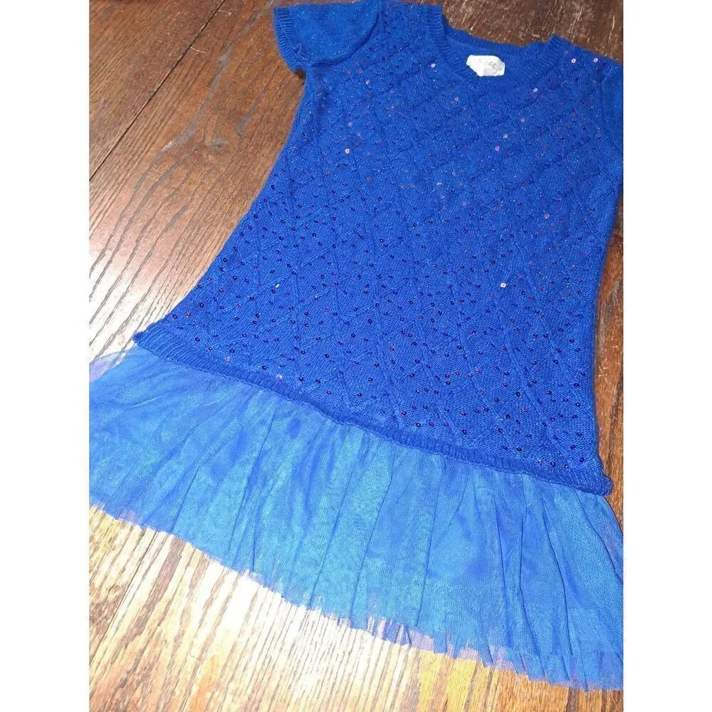 Sz 18 Justice Short Sleeve Blue Knit Sequin Sweater Tutu Dress Tulle Lined Skirt